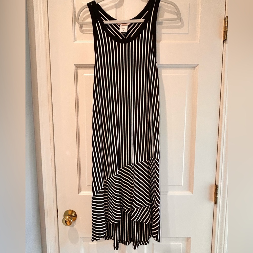 CAbi Black and White High Low Striped Dress